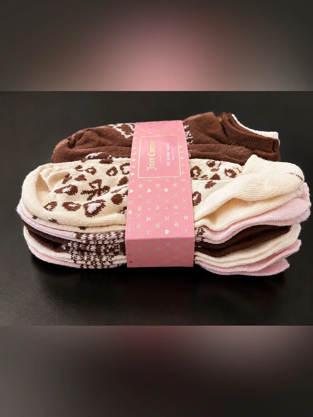 Juicy Couture No-Show Socks - Brown, Pink, White & Cream Leopard Print 10 Pack